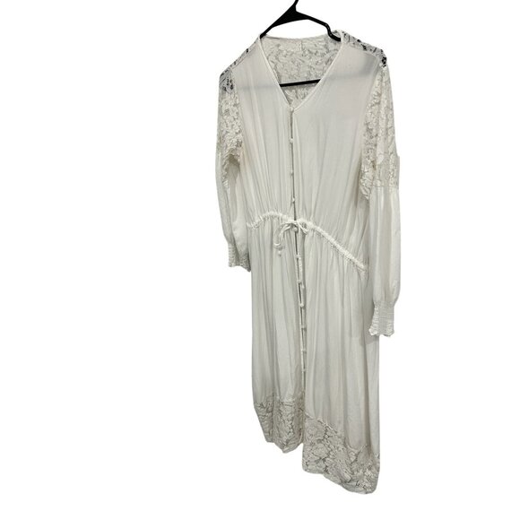 White Lace Boho Long Dress Button Front Drawstring Waist Beachy Coastal Sz - Picture 3 of 7
